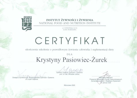 Certyfikat Krystyny Pasiowiec-Żurek